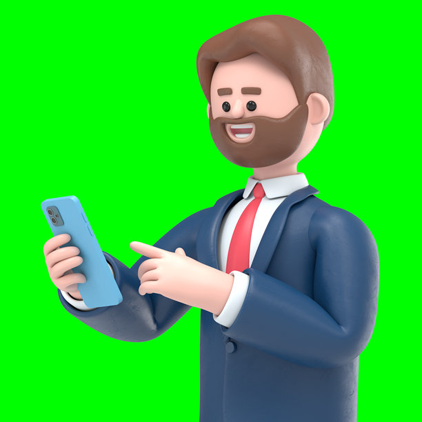 3D插图：留胡子的美国商人鲍勃手持智能手机。绿色屏幕样机。3D渲染在绿色屏幕上用于视频素材和抠图。图片下载