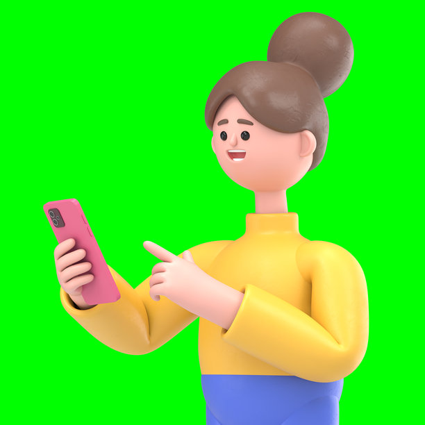 亚洲女性安吉拉手持智能手机的3D插图。绿色屏幕模型。3D渲染在绿色屏幕上，用于视频素材和抠图。图片下载