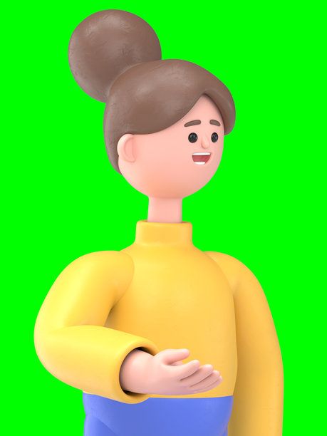 亚洲女性安吉拉的3D插图，手指指向屏幕，绿色背景模版。3D渲染，适用于视频素材和抠图。图片下载