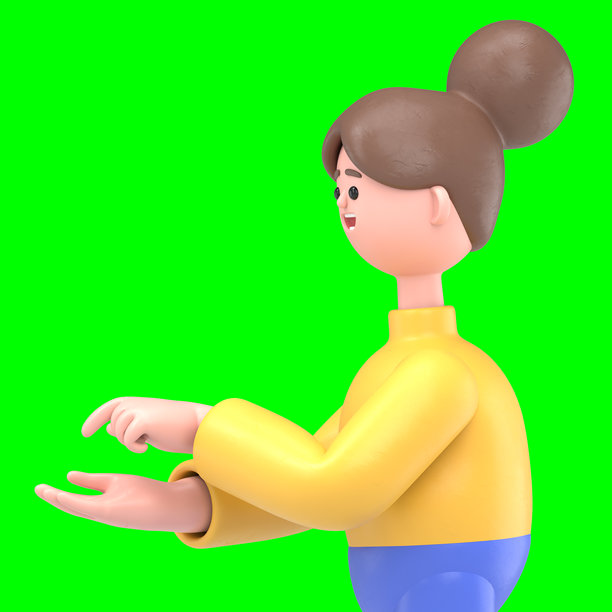 3D插图，亚洲女性安吉拉，问题，段落和灯泡。绿幕模型。3D渲染在绿幕上，用于视频素材和抠图。图片下载