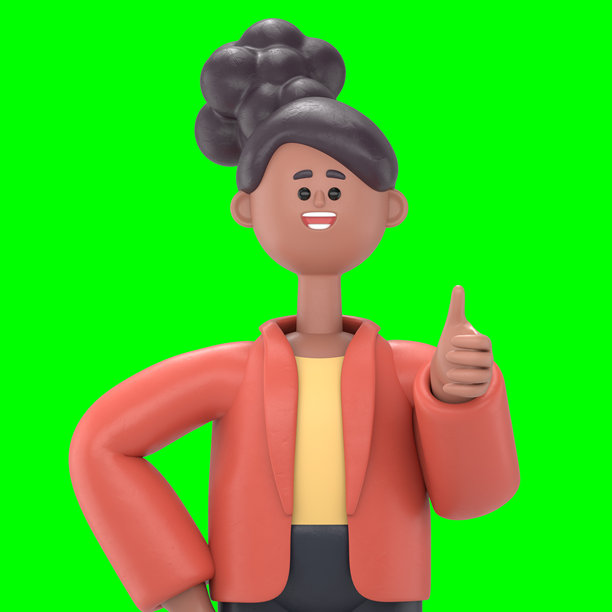 非洲裔美国女性Coco的3D插图，竖起大拇指。绿色屏幕模型。3D渲染在绿色屏幕上，用于视频素材和抠图。图片下载