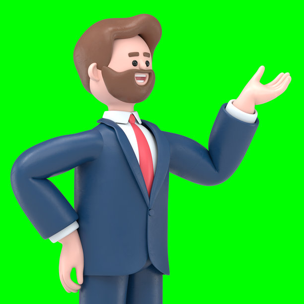 3D插图：留胡子的美国商人鲍勃用手指指向屏幕，绿色屏幕模型。3D渲染，适用于绿色屏幕的素材和剪辑路径。图片下载