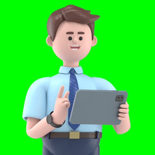 亚洲男子Felix手持平板的3D插图。绿色屏幕模型。3D渲染在绿色屏幕上，用于视频素材和抠图。图片下载