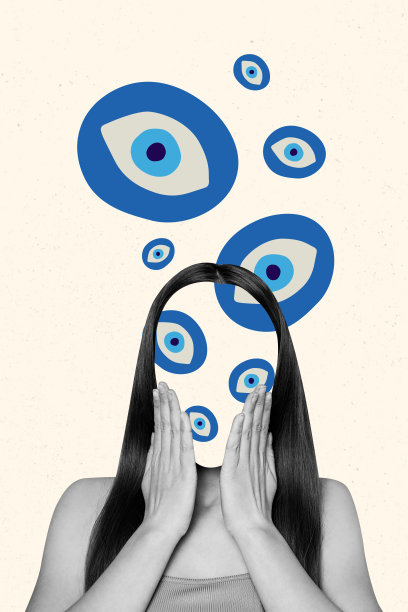 独特的垂直照片拼贴，展示了一位匿名的无脸女孩卡通怪物，眼球盯着，令人毛骨悚然，控制着视线。图片下载