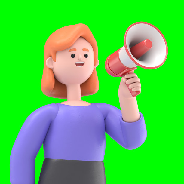3D插图：欧洲女商人艾伦用扩音器进行公告。3D渲染，适用于绿幕素材和剪辑路径。图片下载
