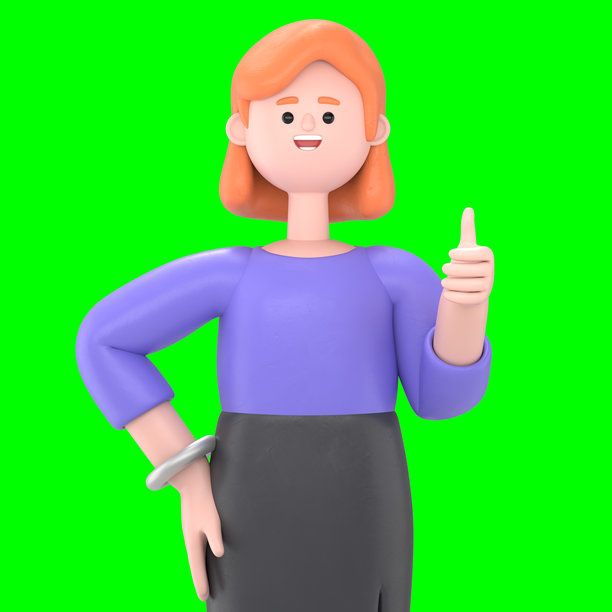 3D插图：欧洲女商人艾伦竖起大拇指。绿色屏幕模型。3D渲染在绿色屏幕上，用于视频素材和抠图。图片下载