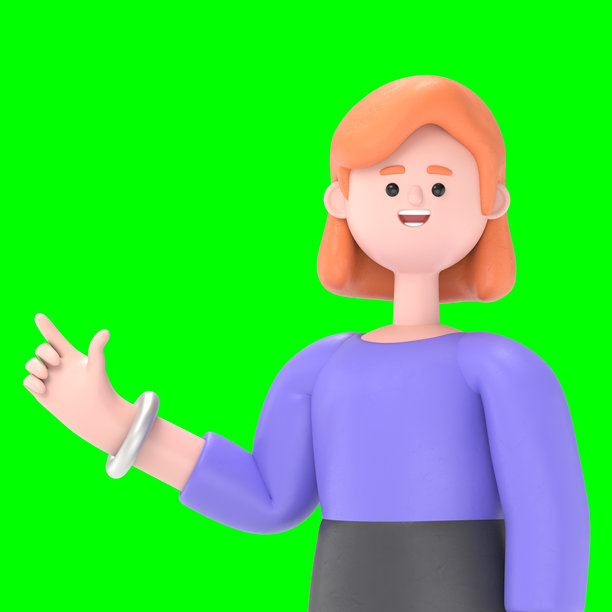 欧洲女商人艾伦在推动模型的3D插图。绿色屏幕模型。3D渲染在绿色屏幕上用于视频素材和剪辑路径。图片下载