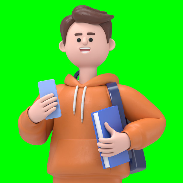 男性Qadir持智能手机的3D插图。绿色屏幕模型。3D渲染在绿色屏幕上，用于视频素材和剪辑路径。图片下载