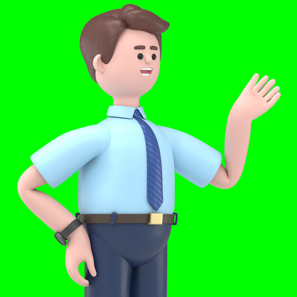 亚洲男子Felix的3D插图，手指指向屏幕，绿色背景模版。3D渲染在绿色背景上，适用于视频素材和抠图。图片下载