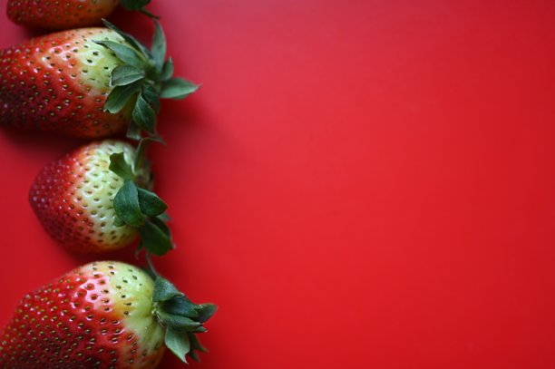 红色多汁的草莓在红色背景上，夏季草莓照片背景图片下载