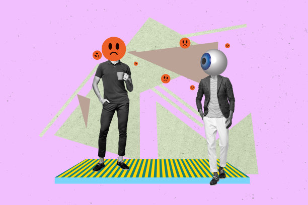 艺术图像创意照片拼贴，两个匿名女孩和男孩的头部被坏情绪表情符号和眼球凝视替代，表现出欺凌紧张和施害者问题。图片下载