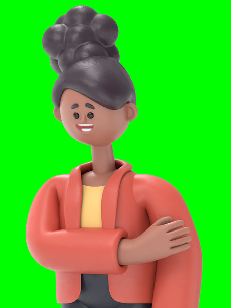非洲裔美国女性Coco的3D插图，显得很伤心。绿色背景模版。3D渲染，适用于视频素材和抠图。图片下载