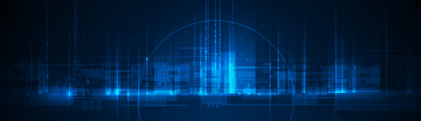 矢量插图建筑，城市景观与网络空间，霓虹灯。现代高科技，科学，数据 - 未来科技概念图片下载