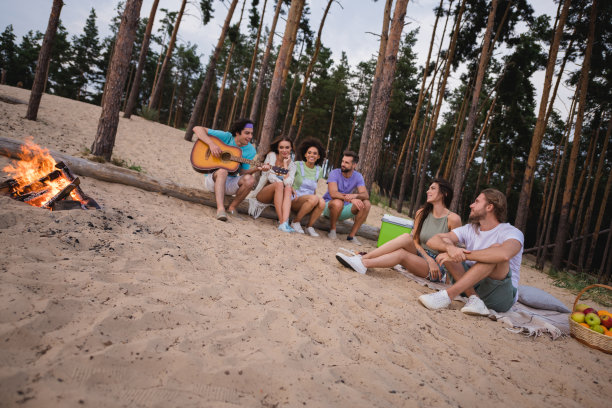 年轻女士和男士们穿着休闲服装坐在海滩旁的篝火旁玩音乐的全景照片图片下载