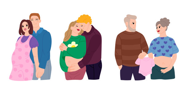 一组多样化的孕妇夫妻，充满爱与关怀的未来父母，涵盖不同年龄段，期待宝宝的到来。母婴护理、产前护理、家庭规划、宝宝洗礼、育儿博客。图片下载