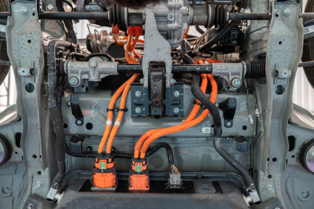 高压电缆详细图，连接车载充电器、电力分配单元（PDU）和电池。代表电动汽车控制系统、可再生能源和可持续交通创新。图片下载