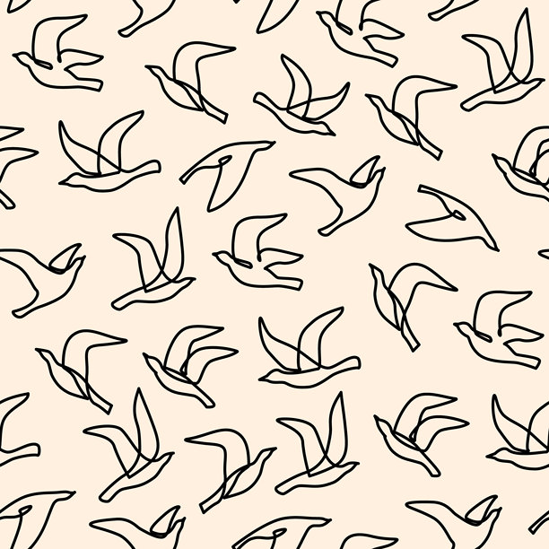 白色背景上的抽象飞鸟。鸽子、白鸽的线条画无缝图案。图片下载