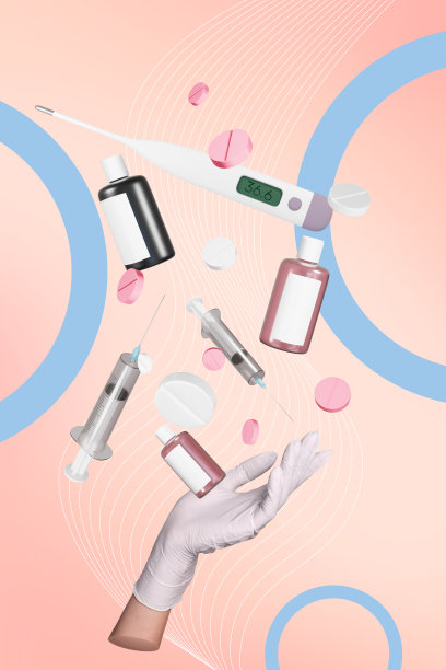 垂直照片拼贴，手部展示新冠病毒预防治疗注射器、疫苗、抗生素药丸和瓶子，背景为涂鸦风格。图片下载