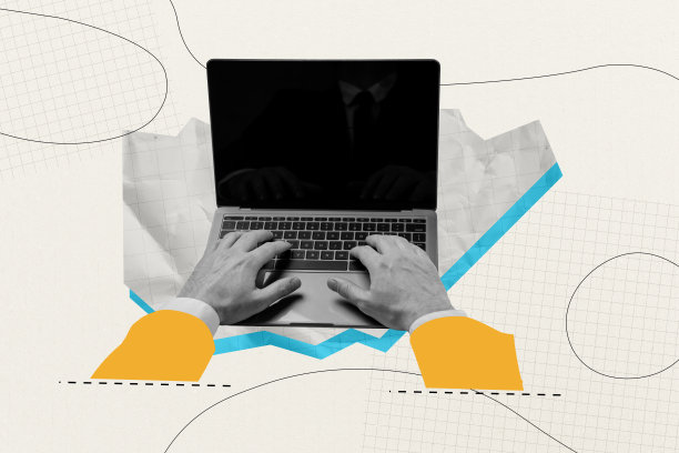 手部合成照片拼贴，展示穿着西装的商务人士在涂鸦背景下使用MacBook的自由职业概念，屏幕反射出人影。图片下载