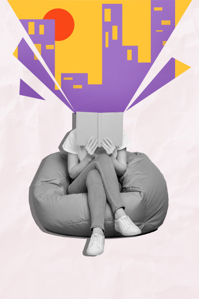 垂直照片拼贴，展示人们坐在舒适的豆袋椅上阅读书籍，书虫爱好，想象力，城市故事，背景为涂鸦风格。图片下载