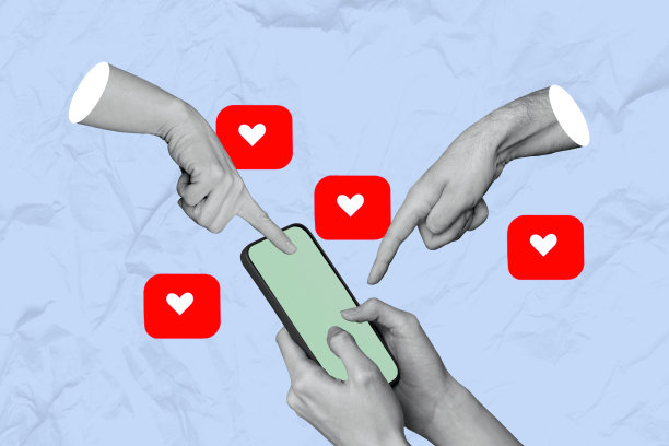 手握iPhone设备的拼贴照片，收到许多点赞反应，流行社交媒体博客，背景为涂鸦风格。图片下载