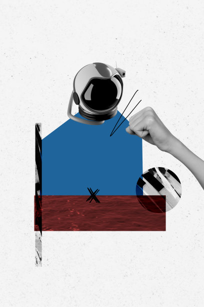 金属宇航员头盔的垂直照片拼贴，手势为拳头，背景为海浪，夏季潜水爱好，孤立在涂漆背景上。图片下载