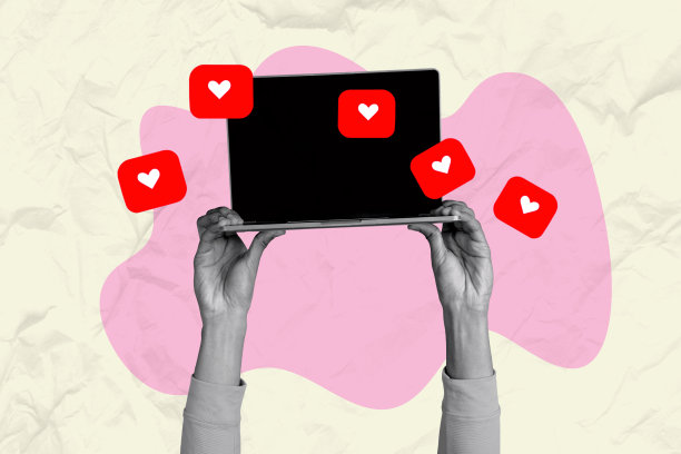 现代科技的手握MacBook设备的拼贴照片，表达反应和博客概念，背景为涂鸦风格。图片下载