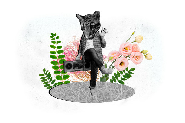 黑白圆形地毯上的复合趋势艺术照片拼贴，花朵、绿色叶子、自然、豹子头、身体、行走、随身听音乐的音响图片下载