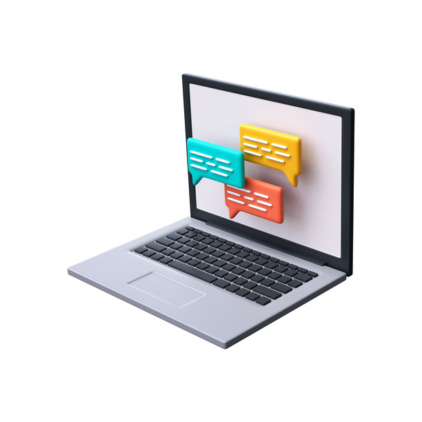 笔记本电脑消息聊天3D图标。沟通概念，在线聊天或讨论，库存照片图片下载