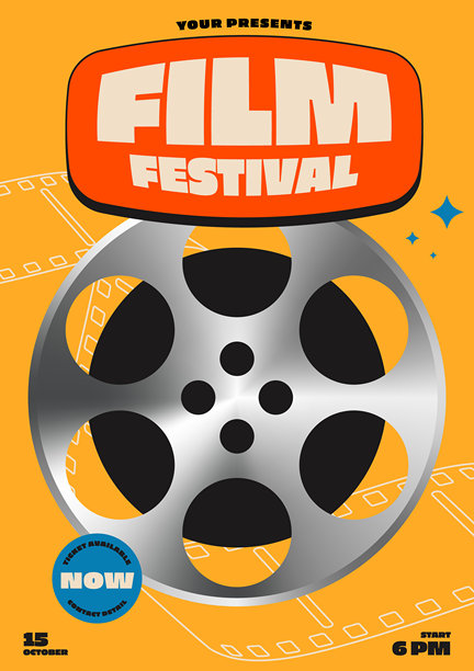 电影和电影节海报设计模板。金属胶卷现代复古风格，独立于黄色背景上。图片下载