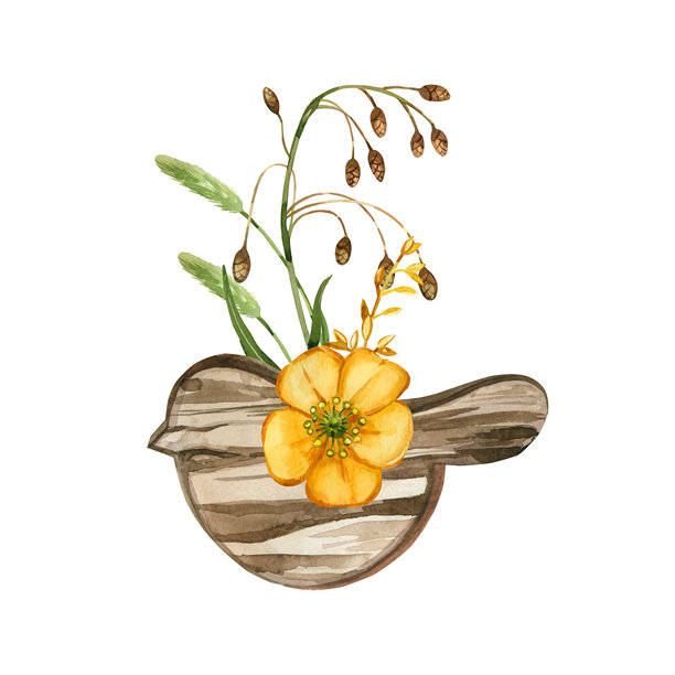 木制鸟形雕像，手捧野花、黄花、谷物植物和叶子的花束。所有物品均为水彩手绘。适合用于明信片和邀请函的印刷。图片下载