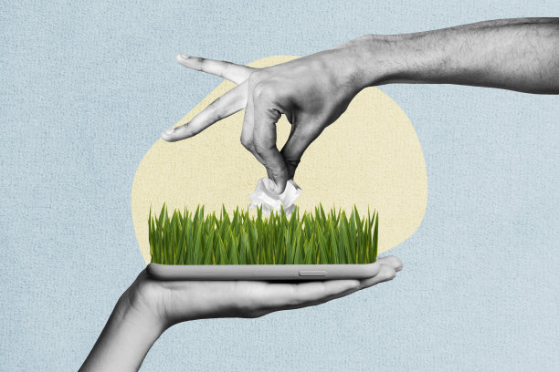 3D照片拼贴模板艺术作品，手持智能手机显示草地，放置纸球，行星生态系统，志愿者关心自然图片下载