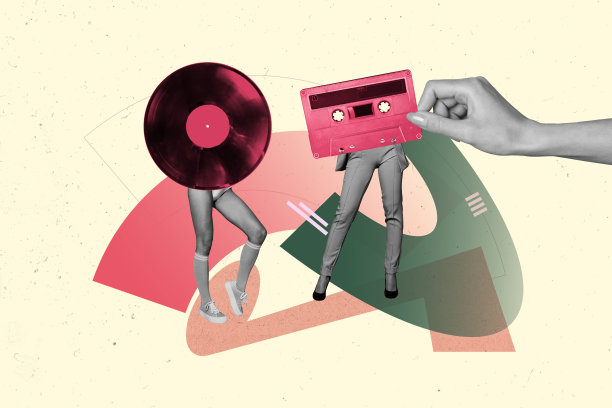 波普艺术风格的完整杂志照片拼贴，展示匿名女孩和男孩的身体与头部，复古磁带、黑胶唱片、娱乐旋律和节日庆祝活动。图片下载