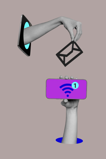 手持电子邮件通知框的3D照片拼贴艺术作品，展示虚拟技术服务与WiFi智能手机调制解调器的趋势。图片下载