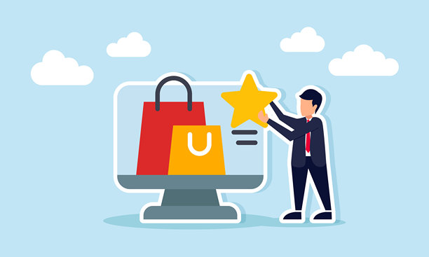 商人手持星星，旁边的显示器上展示着一个网站，网站上有购物袋的图片、评论插图和市场的高评分。图片下载