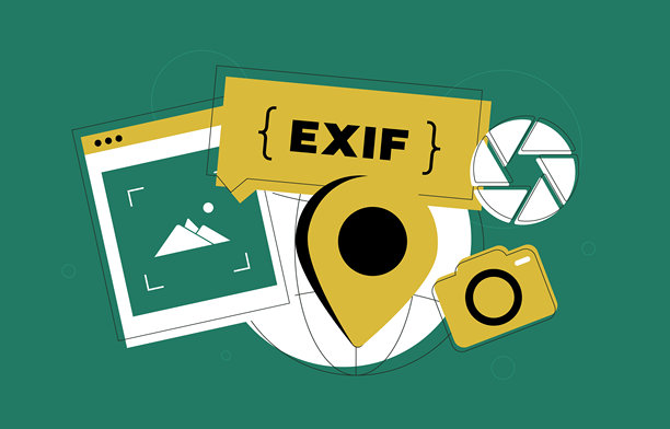 Exif元数据矢量插图，展示Exif数据查看器、照片编辑器和图像SEO优化的删除工具。面向专注于图像优化的摄影师的横幅。图片下载