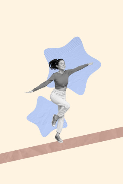 年轻女士走路平衡的合成素描设计艺术照片拼贴，展现快乐、微笑、星星、抱负、目标、发展、领导力和挑战。图片下载
