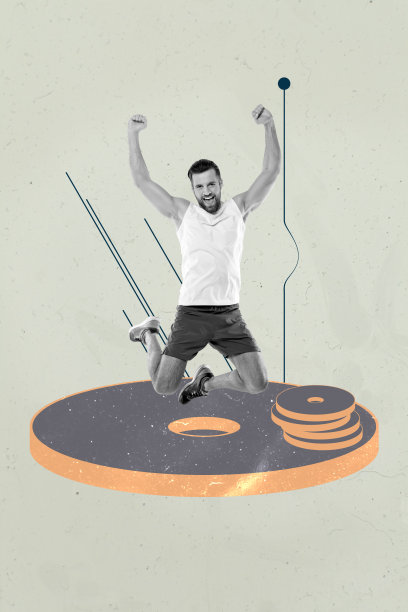 兴奋的男子跳跃，展示排球、篮球和足球比赛的冠军获胜者，垂直照片海报艺术拼贴图。图片下载