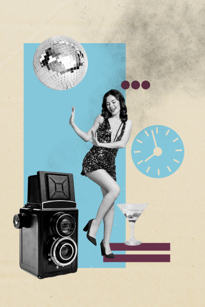 海报抽象拼贴，展示在淡蓝色背景下聚会的人物方形图片图片下载