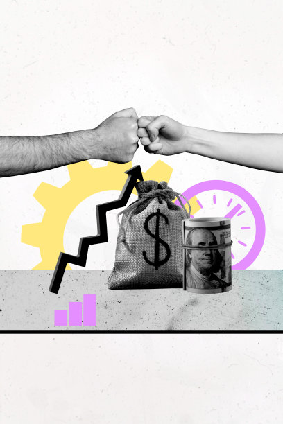 商业人士合作手势的艺术图像，垂直照片拼贴，拳头、美元收入、向上箭头和时间到期。图片下载