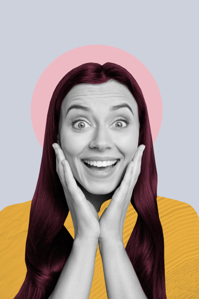 时尚华丽的年轻女性面带兴奋的微笑，手托着头发，色彩缤纷的发型，模板海报潮流艺术照片拼贴。图片下载