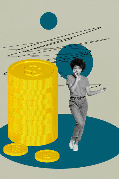 现代照片拼贴，快乐的男商人和女商人站在一起，进行美元硬币的交易，节省利润，金融。图片下载