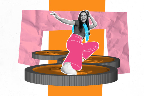 3D照片拼贴模板趋势艺术作品，吸引人的年轻女性微笑跳舞，硬币、金钱、亚洲贸易战市场收益投资图片下载