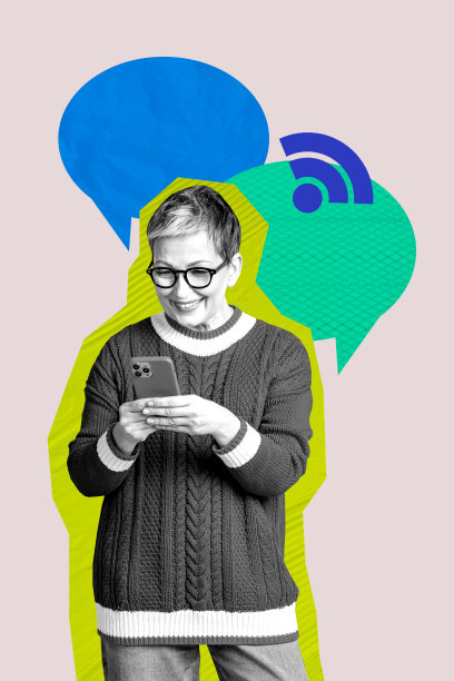 时尚艺术创意竖版照片拼贴，快乐的女孩和男孩手持手机，聊天气泡，WiFi网络，互联网连接，5G速度图片下载