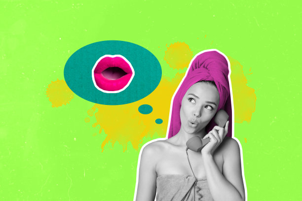 3D照片拼贴模板趋势艺术作品，合成年轻女性，迷人的微笑，手持座机电话，头上有毛巾，思绪如云，嘴唇。图片下载