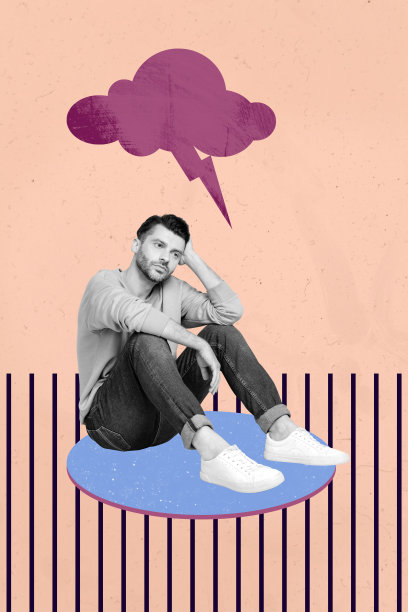 当代照片拼贴画，描绘一位困惑的女孩和男孩坐在雨云、闪电下，表现出抑郁情绪、欺凌和刻板印象的问题。图片下载