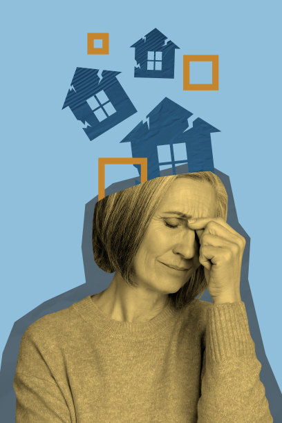 3D照片拼贴趋势草图模板，描绘一位年长女性头痛思考破裂的房屋，房地产许可证，抵押贷款，家庭搬迁。图片下载