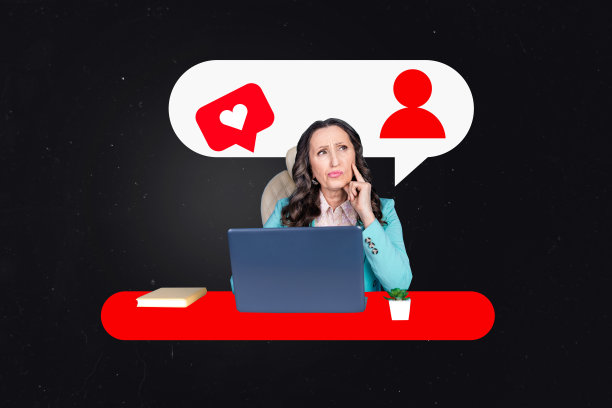 老年女性社交媒体经理在办公室使用笔记本电脑思考战略的3D照片拼贴艺术作品图片下载