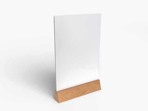 3D真实感桌面支架，带有木质底座和白色纸质亚克力的桌面帐篷模型。空白卡片架用于展示菜单标签、餐厅、咖啡馆、横幅、图片支架、标志架和广告。图片下载