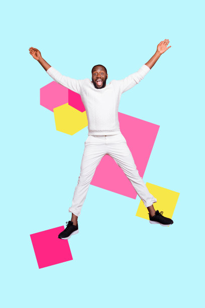 快乐的嬉皮士男孩在周末聚会庆祝时纵身跳跃的艺术照片竖向拼贴画图片下载